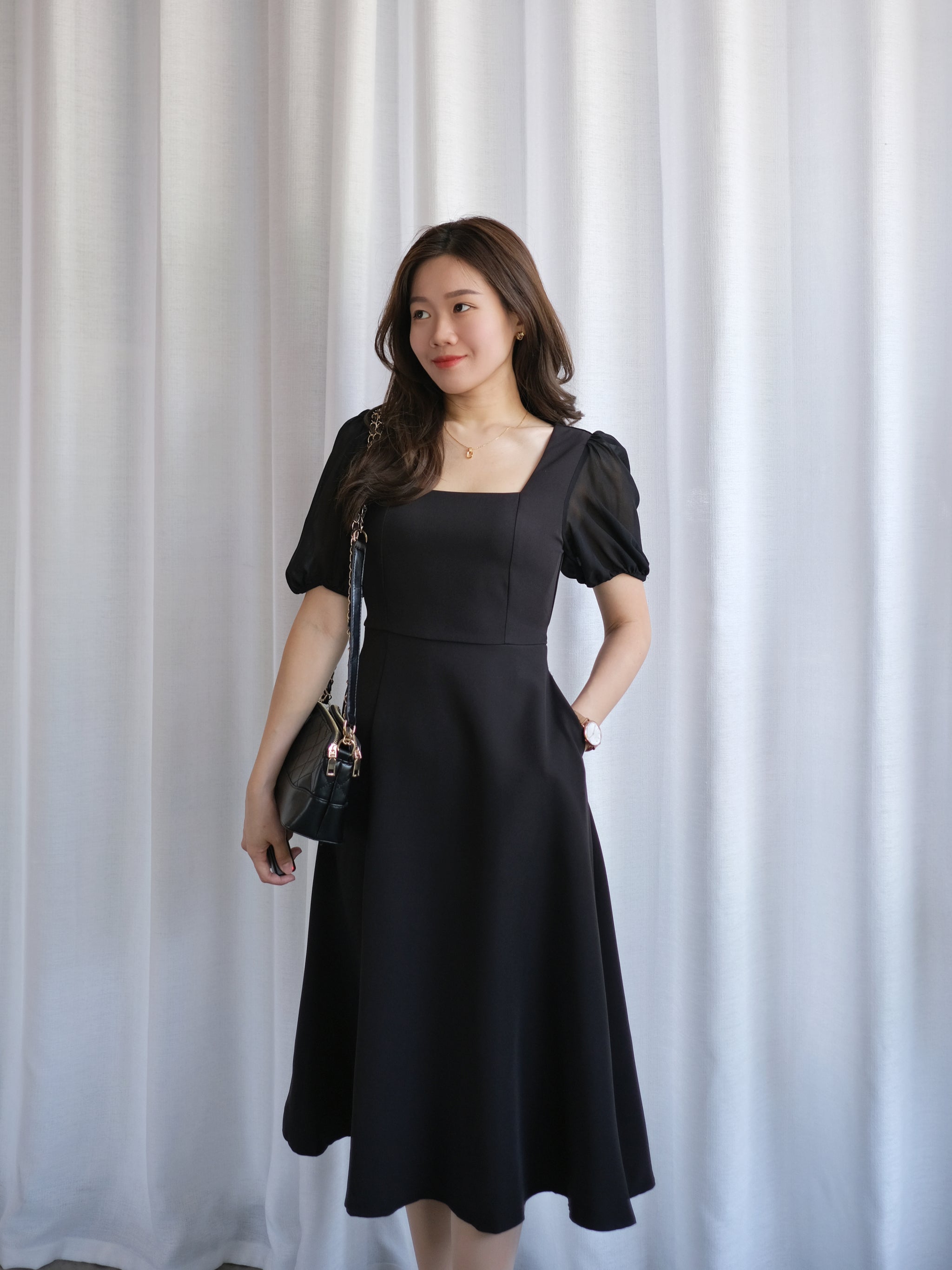 ACEWIN Sheer Puff Sleeve Square Neck Midi Dress (Size S-XL